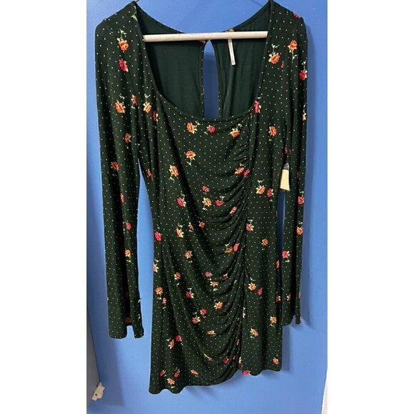 Free People Floral Green Polka Dot Mini Dress With Ruched Front & Keyhole Back, - Picture 4 of 11